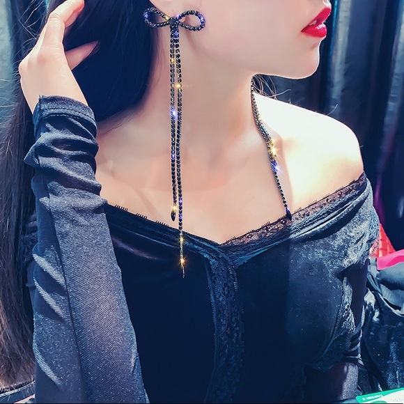 Black colored Rhinestone long Bow Earrings - Picture 11 of 16
